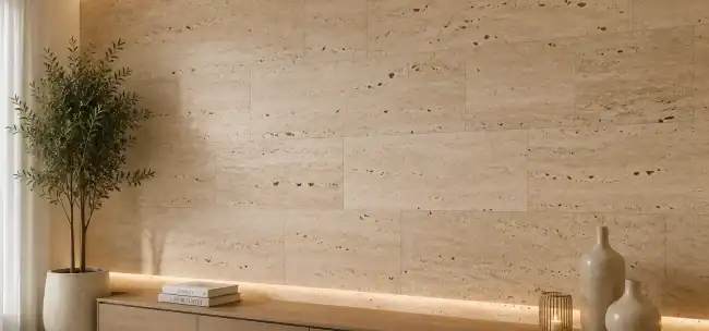 חיפוי קיר טרוורטין בגוון בז' בסלון מודרני עם אבן טבעית יוקרתית מבית מילסטון